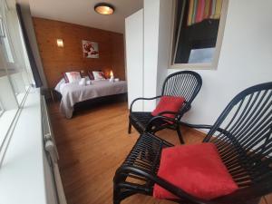 ジェラールメにあるAppart'Hôtel LIDO au bord de l'eauの椅子2脚、ベッド1台が備わる客室です。