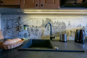 een aanrecht met een wastafel en een muur met graffiti bij Widokowa Chata Kościelisko in Kościelisko