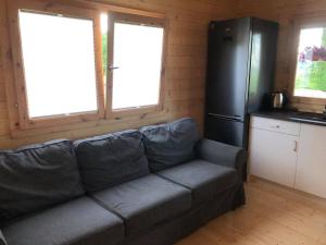 a living room with a couch and a refrigerator at Black Horse in Pasłęk