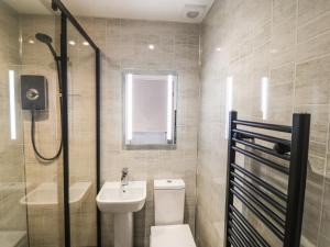 a bathroom with a toilet and a sink and a shower at Bwthyn Eirlys Snowdrop Cottage in Cemaes Bay +20 photos