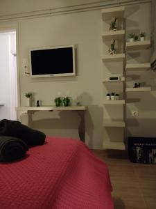 a bedroom with a bed and a tv on a wall at Estrela Comfortable Home in Volos