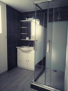 a bathroom with a glass shower and a sink at Appart Rez de Jardin Chez Anne in Vernet-les-Bains