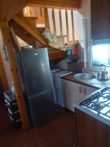 uma cozinha com um frigorífico e um lavatório em Monika em Leba