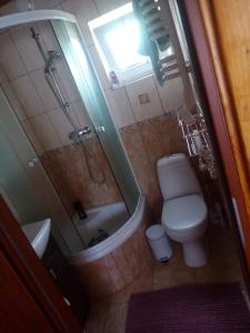 an overhead view of a bathroom with a toilet and a shower at Monika in Łeba