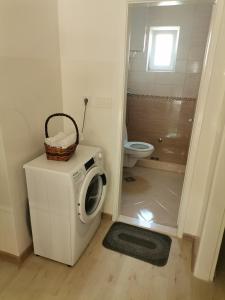 a bathroom with a washing machine and a toilet at Apartman Danica in Herceg-Novi