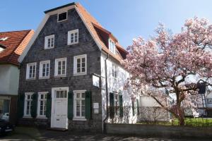 een huis met een bloeiende boom ervoor bij Dudenhaus Soest / Anno 1554 / Am Brauhaus Zwiebel in Soest