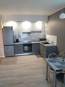 kuchnia ze sprzętem ze stali nierdzewnej i stołem w obiekcie Apartament Słoneczny Taras w Kołobrzegu