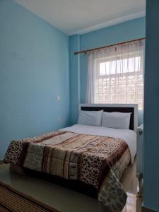 a bedroom with a bed with blue walls and a window at Hotel Restaurant Aleksander in Korçë