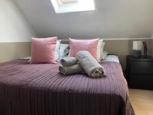 - un lit avec des oreillers roses et blancs dans l'établissement Gite Saint Georges, à Comines