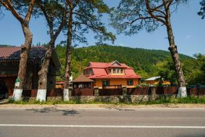 uma casa com um telhado vermelho na berma de uma estrada em Під соснами em Krivorovnya