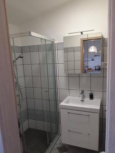 La salle de bains est pourvue d'une douche, d'un lavabo et d'un miroir. dans l'établissement Apartments Pineta Franko, à Fažana