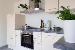 a kitchen with white cabinets and a stove top oven at Aparthotel Mitte in Dresden