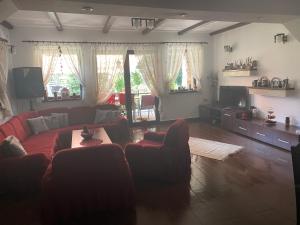 a living room with a red couch and a tv at Casa Csiki in Râşnov