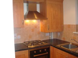 cocina con fogones horno de arriba junto a un fregadero en Riverside Apartment, en Launceston