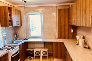a kitchen with wooden cabinets and a sink and a window at Joy City Stay Iasi 15 in Timişoara