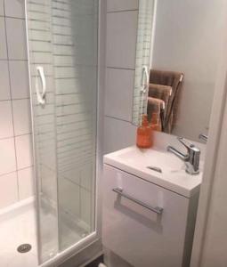 a white bathroom with a shower and a sink at Studio de 35m2 à 5 minutes de la Gare de Lyon in Paris