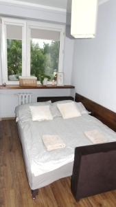 a large bed in a room with two windows at Apartament Aleksander in Ciechocinek
