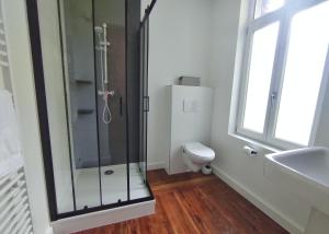 uma casa de banho com uma cabina de duche em vidro e um WC. em La Maison d'Ingénieur em Loos-en-Gohelle