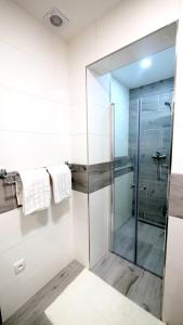 uma cabina de duche em vidro numa casa de banho branca com toalhas brancas em Soukromý - plně vybavený byt 2+KK em Znojmo