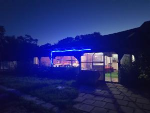 a house with a blue light in a yard at Casa Cleopatra 2 MAI in 2 Mai