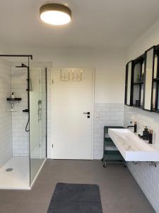 a bathroom with a shower and a white door at Villa Frankenstein - Deluxe Ferienwohnung mit Ladestation E-Auto & E-Bike in Lancken-Granitz +15 photos