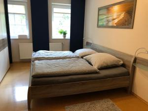 a bed in a room with two pillows on it at Ferienwohnung Auszeit in Bockelnhagen