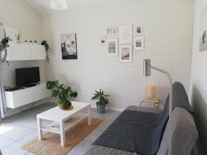 een woonkamer met een bank en een tv bij Appartement proche lac et plage in Léon