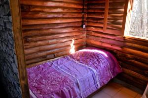 a bedroom with a purple bed in a wooden wall at Kpriccio Cabanas in Potrerillos