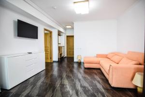 Una sala de estar con un sofá y un televisor. en apart hotel victor 404, en Mamaia