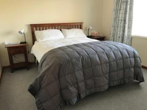 a bedroom with a bed with a blanket and a window at Vineyard Cottage in Blenheim on the Golden Mile in Blenheim