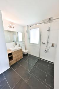 
a bathroom with a shower, sink, and toilet at Young Backpackers Homestay in Luzern

