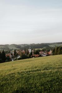 a field of green grass with a town in the background at HEIMATEL - Rosenalm Scheidegg in Scheidegg +261 photos