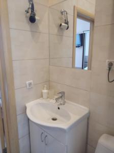 a bathroom with a sink, toilet and mirror at Best Season Apart Hotel in Kyiv