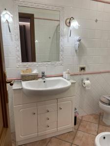 een badkamer met een wastafel, een spiegel en een toilet bij VILLA MARIPOSA in Nettuno