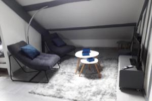 Posezení v ubytování Loft Haut de Gamme Centre Montargis, Place de Parking, Local à vélos, Linge de lits et serviettes, coin rivière amenagé, Hamac, Épicerie, Vélos en option, Tout confort jusqu'à 4 voyageurs