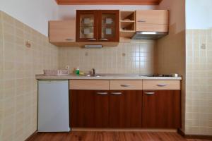 a kitchen with wooden cabinets and a sink at Guesthouse Les in Brežice +135 photos