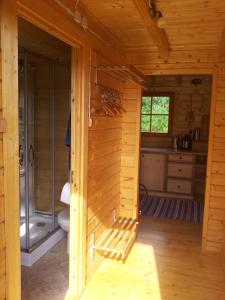 a bathroom with a shower and a toilet in a room at Männiste Holiday Home in Hiievälja