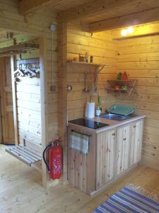 a kitchen with a sink in a log cabin at Männiste Holiday Home in Hiievälja