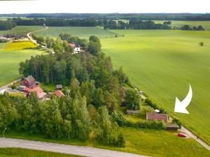 une vue aérienne sur une maison dans un champ verdoyant dans l'établissement The Cozy Little House, à Motala