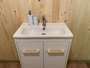 W łazience z drewnianymi ścianami znajduje się biała umywalka. w obiekcie Lasoterapia (Foresttherapy) w mieście Sopieszyno
