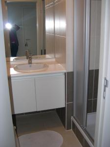 a bathroom with a sink and a shower at Appartement Koksijde in Koksijde +11 photos