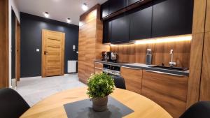 kuchnia ze stołem z doniczką w obiekcie Wrocławska Two Bedroom Apartment w Krakowie