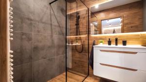łazienka z prysznicem, umywalką i lustrem w obiekcie Wrocławska Two Bedroom Apartment w Krakowie
