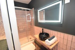 y baño con lavabo y ducha con espejo. en FASHION APPART - HYPER CENTRE - TRAM - FREE WIFI - leRelaisdOdile22, en Valenciennes