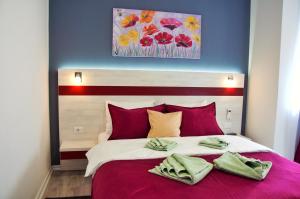 Vrnjačka BanjaにあるApartmani Banja SPAのベッドルーム1室(大型ベッド1台、赤い枕付)