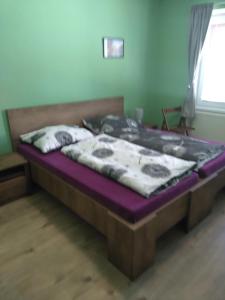 布熱茨拉夫的住宿－Čechovka，一张位于带紫色床垫的房间内的床铺