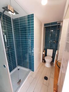 łazienka z toaletą i prysznicem wyłożonym niebieskimi kafelkami w obiekcie Lisbon Castle Apartment w Lizbonie