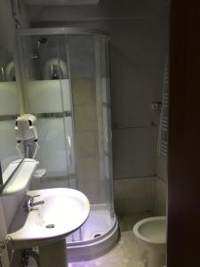 a bathroom with a shower and a sink and a toilet at New Arcobaleno Ossegna in Maissana