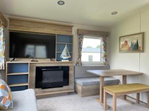 een woonkamer met een open haard en een televisie bij Turlin Valley in Poole