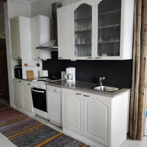 kuchnia z białymi szafkami i zlewem w obiekcie Willa Viktor w mieście Kristinestad